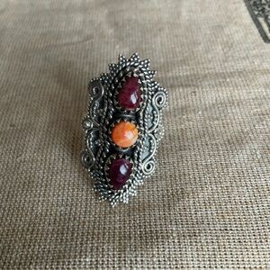Elegant Sterling Silver & ORANGE AND PURPLE SPINY Ring  SIZE 7.34